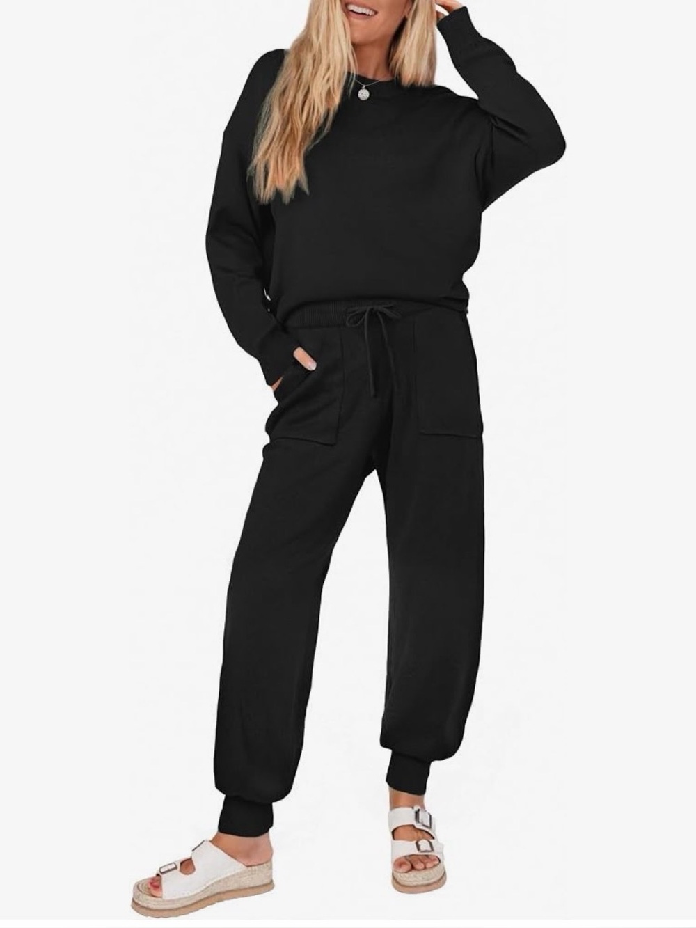 Women's Black Lounge Set Long Sleeve Knit Pajamas Jogger Pant Outfit Pockets XXL
